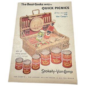 Stokely Van Camp Vtg Color Print Ad 50s Advertising Pork and Beans Picnic Basket